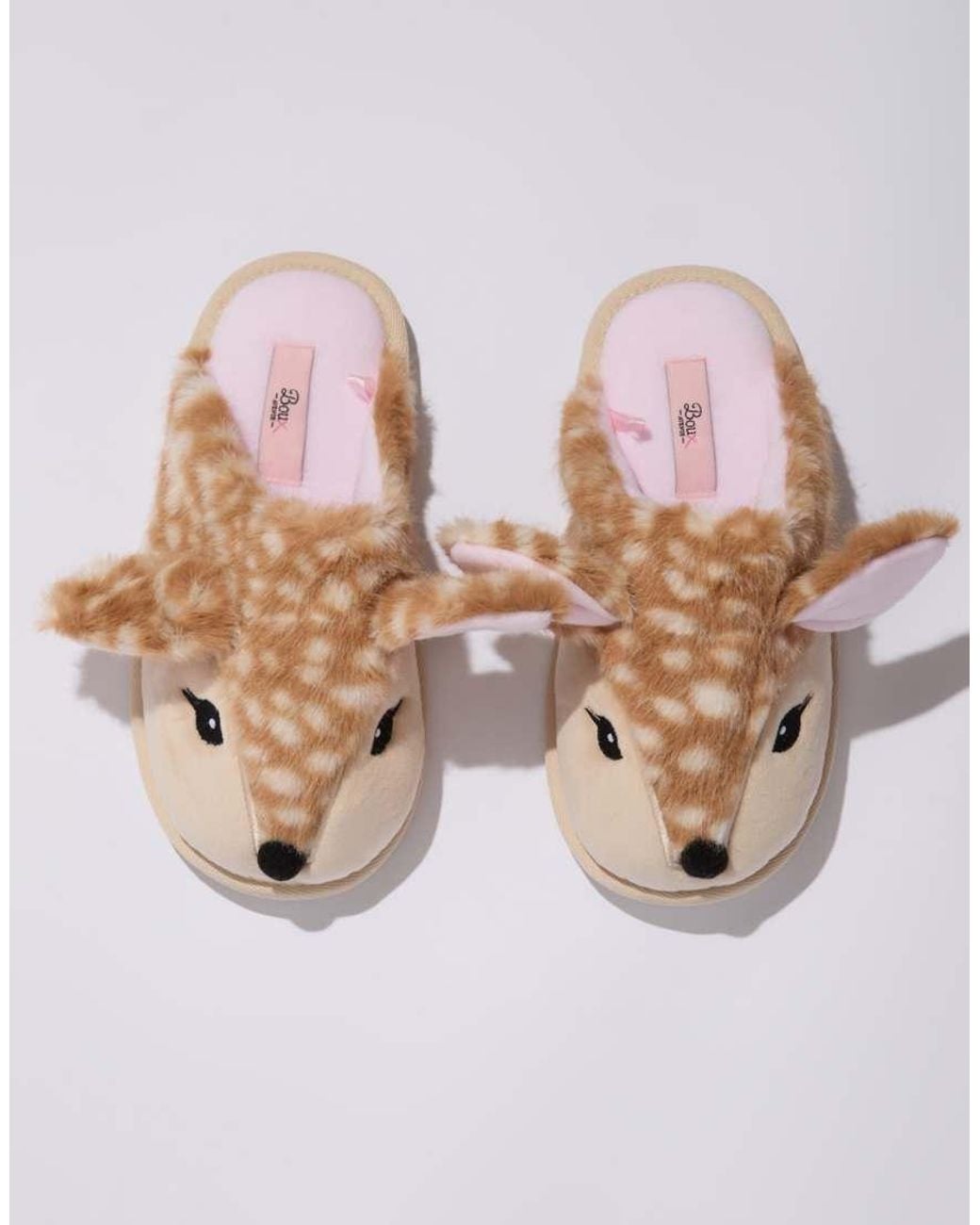 Boux Avenue Natural Deer Plush Mule Slippers Super Soft Cosy Pom Pom Loungewear