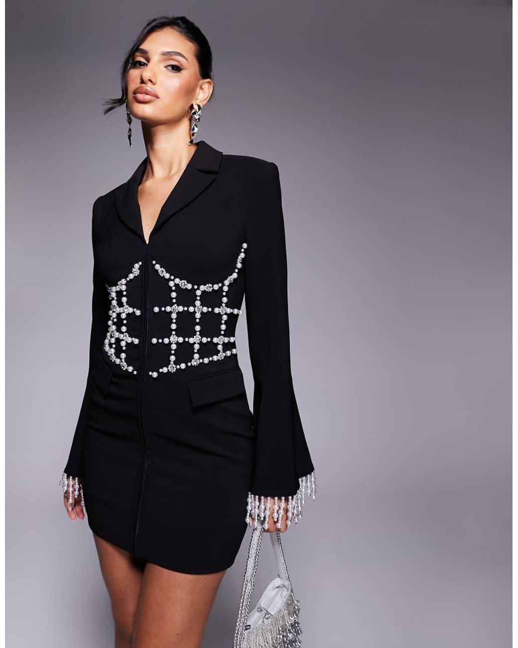 Fabulous Lace Panel Black Lapel Blazer Mini Dress