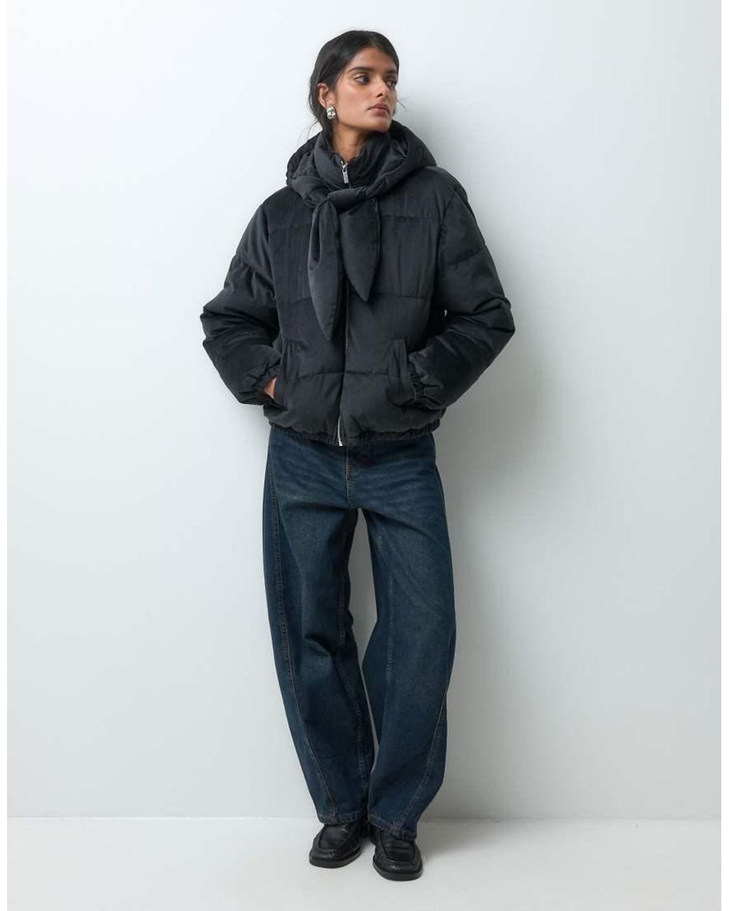 Miss Selfridge Blue Velvet Tie Neck Puffer Coat