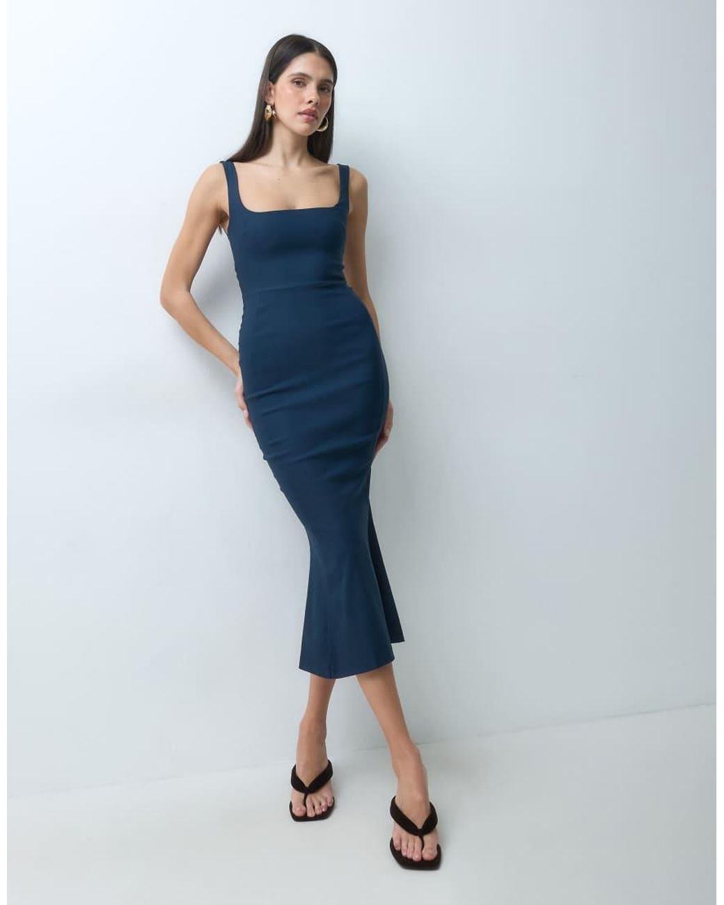 Vesper Blue Bengaline Sleeveless Square Neck Fishtail Midi Dress