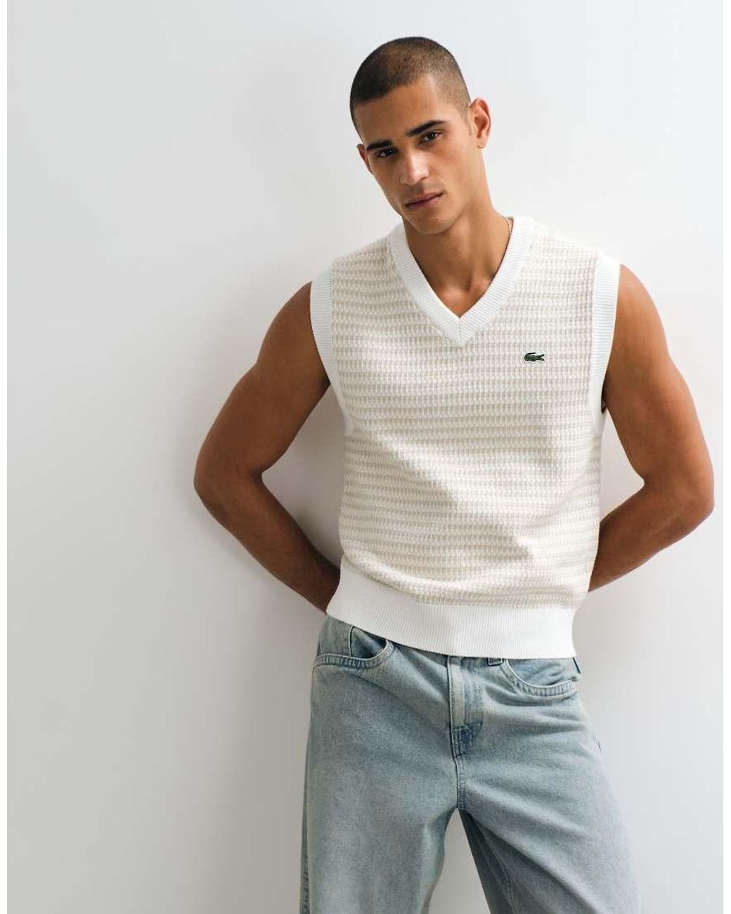 Lacoste Brown V Neck Stripe Sweater Vest for men