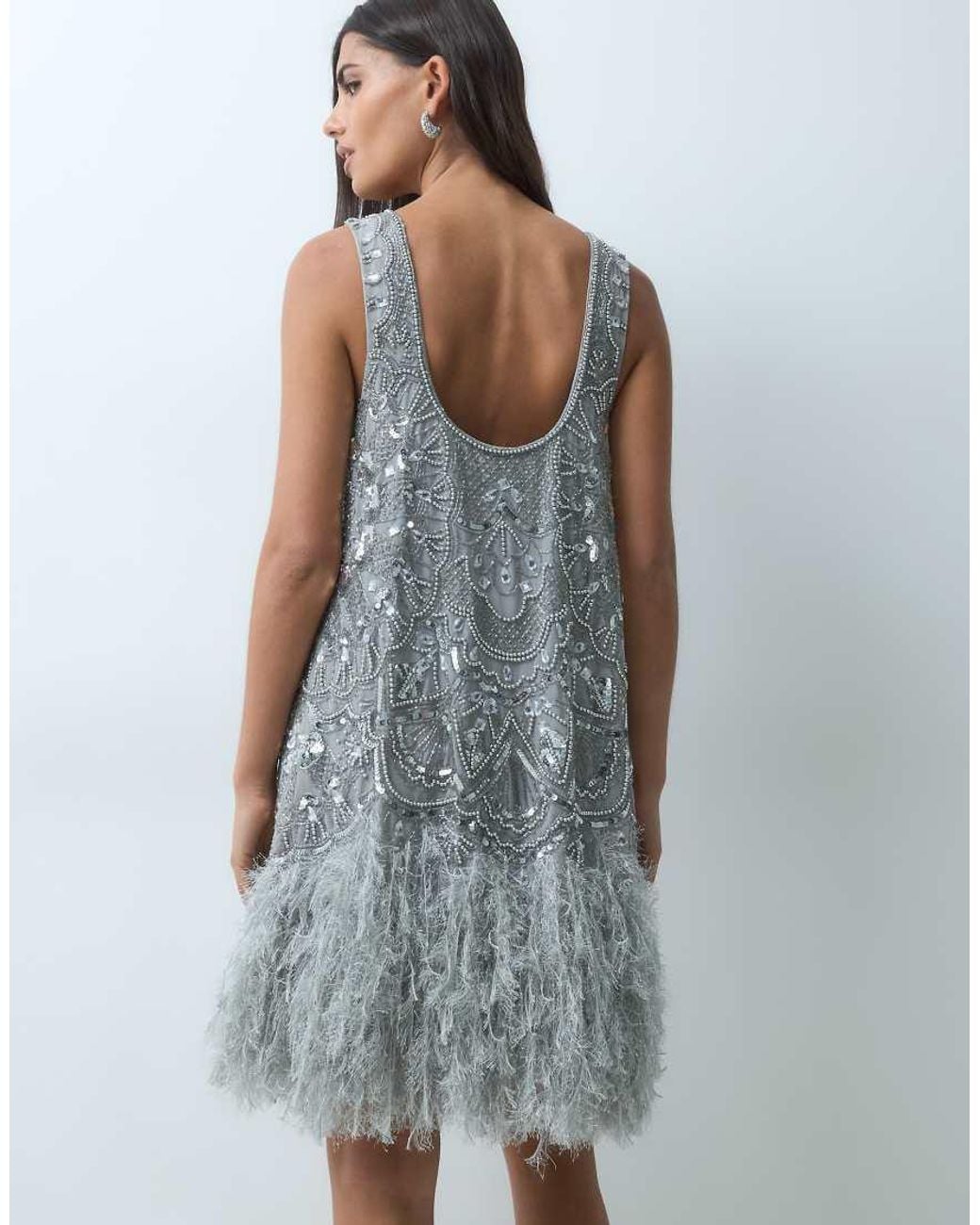 ASOS Gray Embellished Scoop Neck Mini Dress With Faux Feather Hem