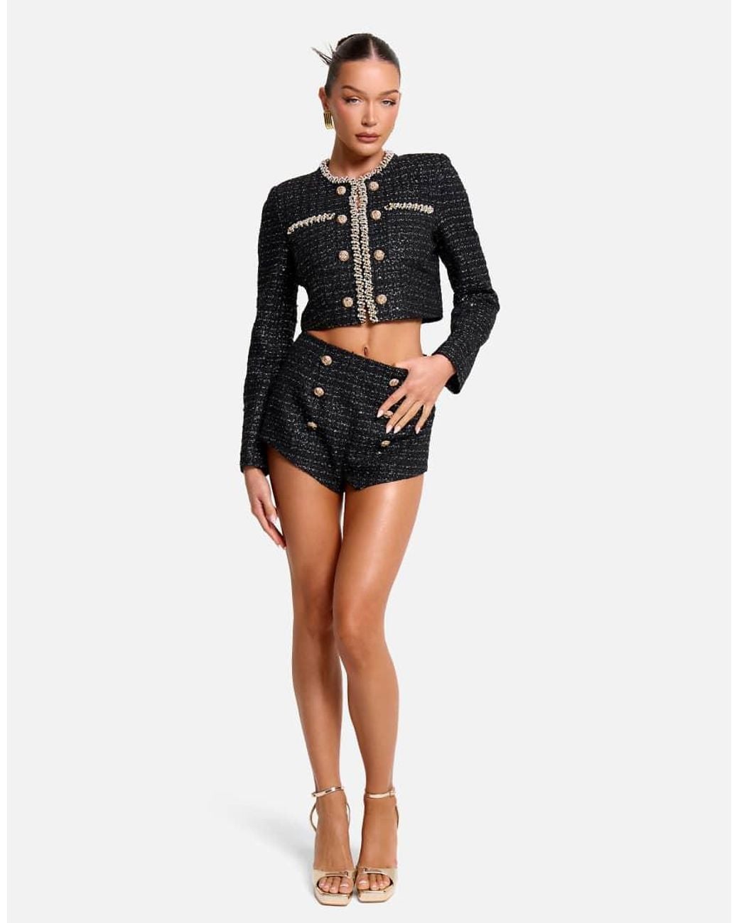 Public Desire Black Cropped Long Sleeve Boucle Button Detail Blazer