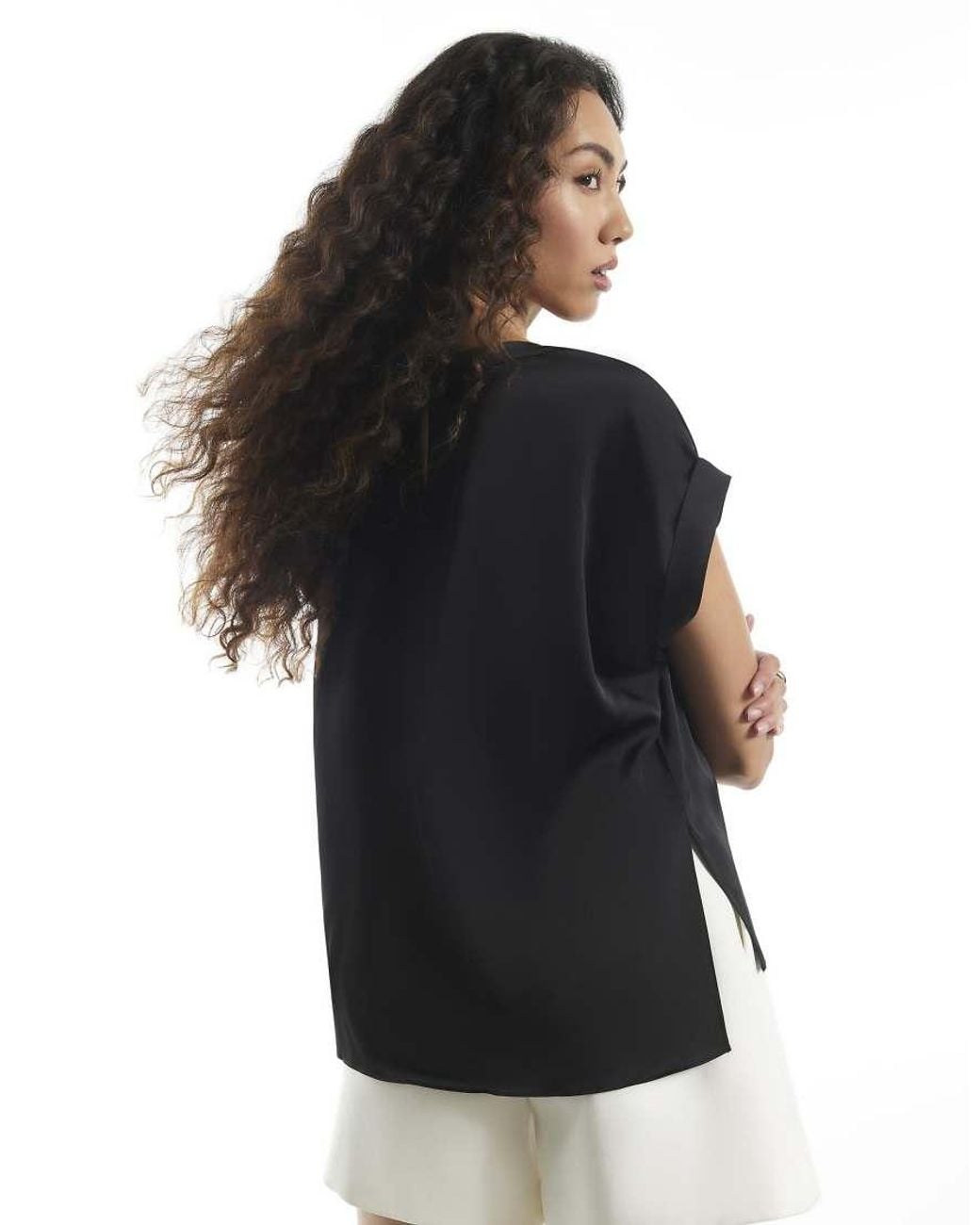 River Island Black Satin Turn Back Cuff Blouse