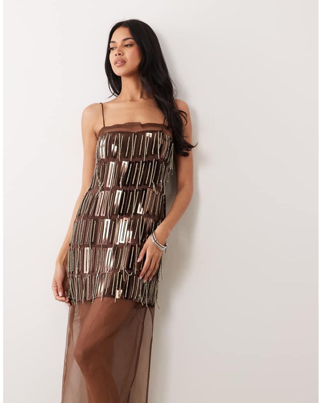 ASOS Brown Cami Embellished Sheer Mix Column Maxi Dress