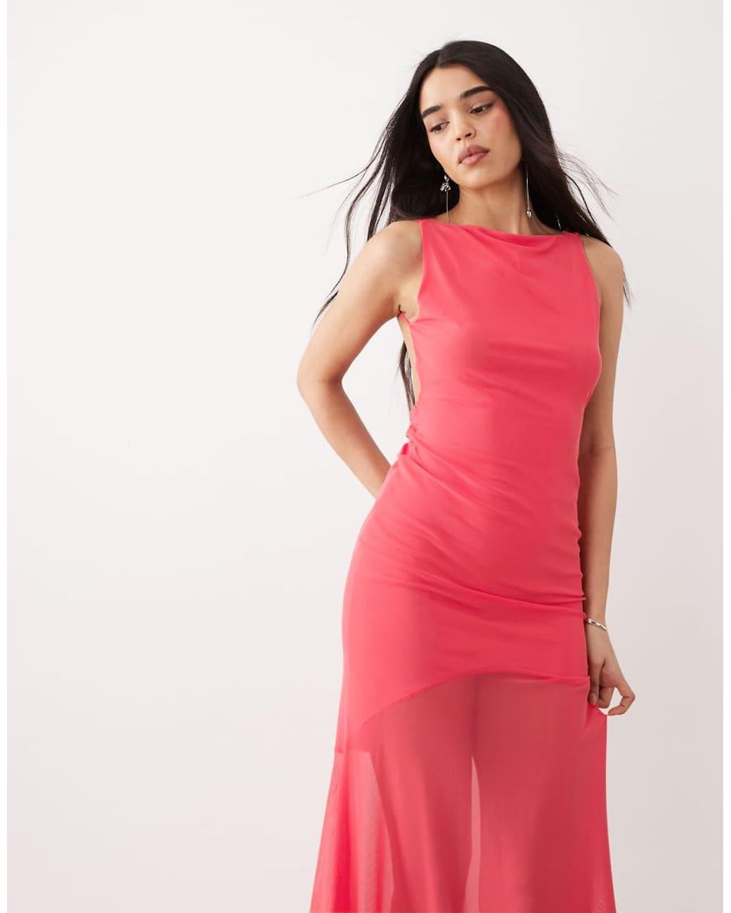 ASOS Pink Mesh High Neck Maxi Dress With Open Back And Double Strap Detail
