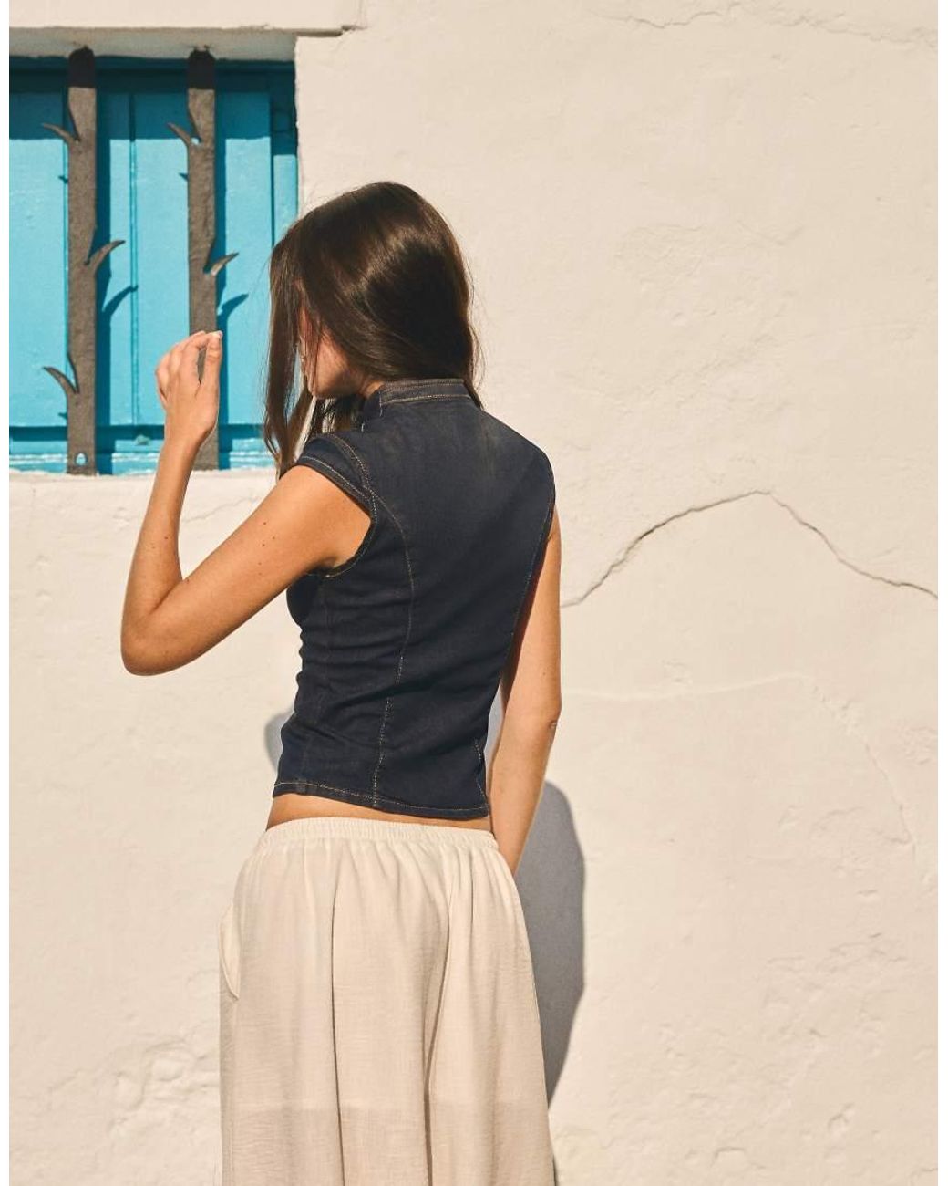 Bershka Blue Cross-Button Denim Top