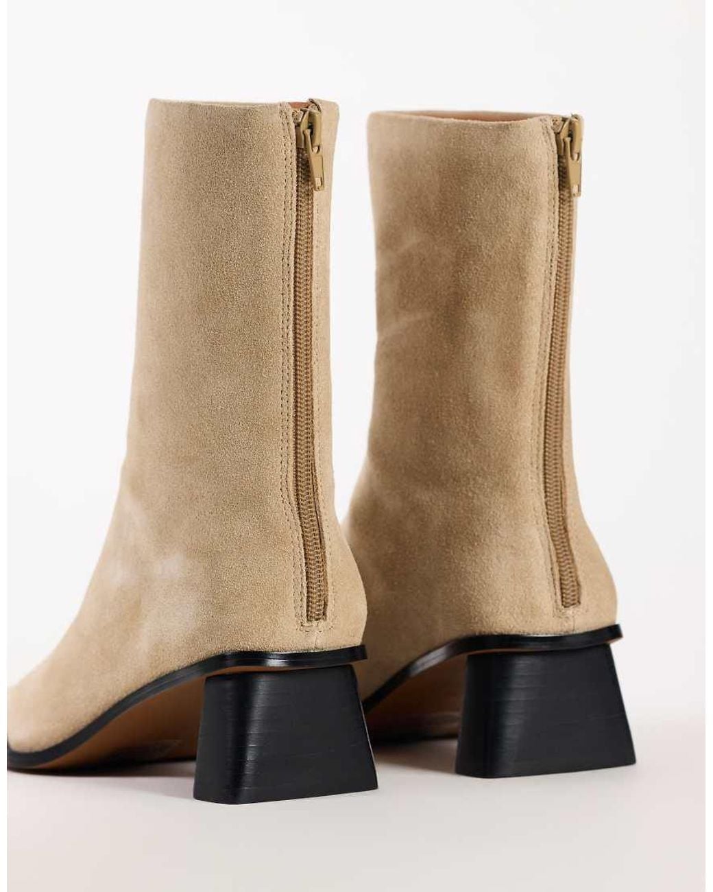 TOPSHOP Natural Penny Real Suede Block Heel Pointed Ankle Boot