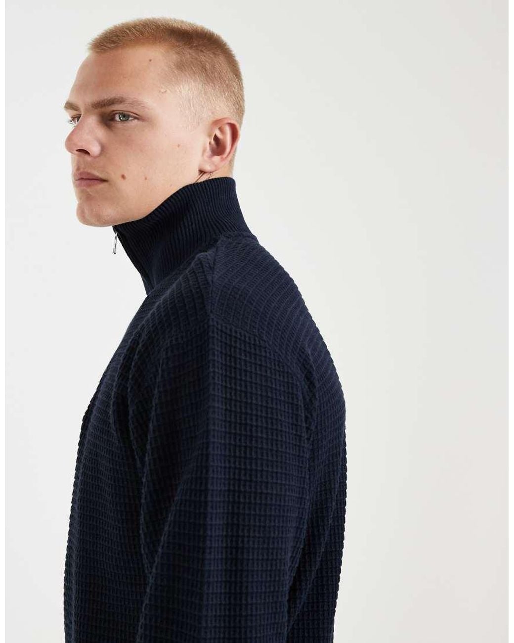Redefined Rebel Blue Knitted Quarter Zip Sweatshirt for men