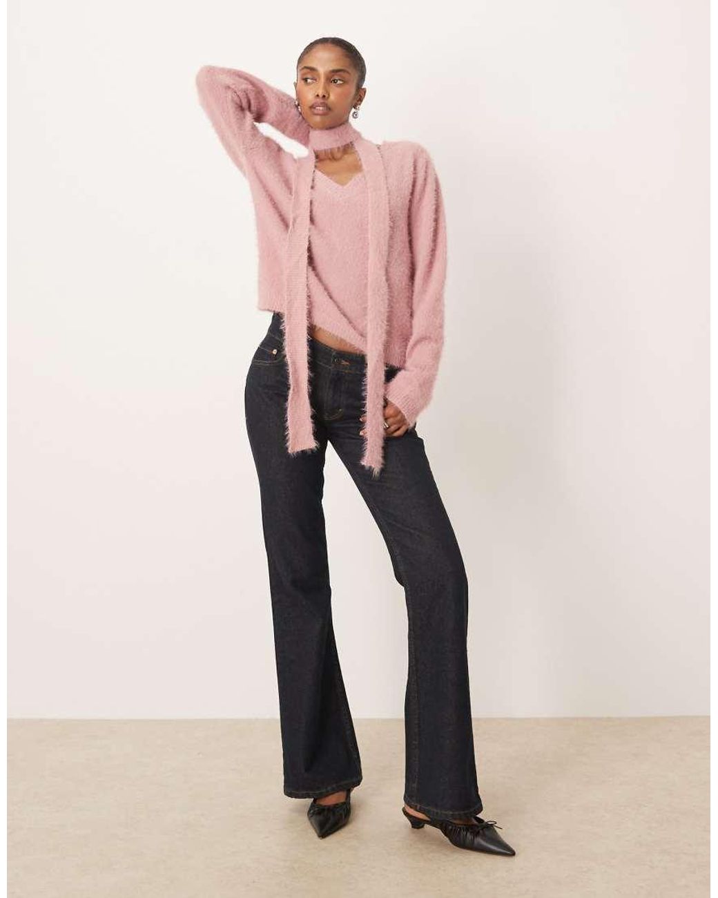 Motel Pink Dikara V-neck Fluffy Slouchy Jumper With Matching Scarf