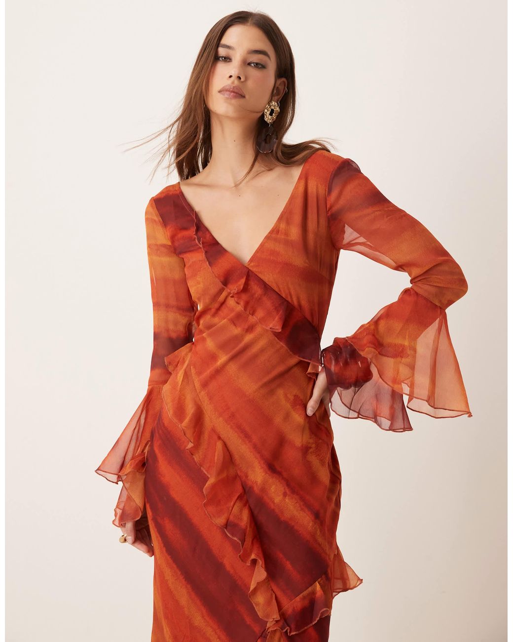 ASOS V Neck Long Sleeve Ruffle Maxi Dress With Cut Out Back in Orange | Lyst
