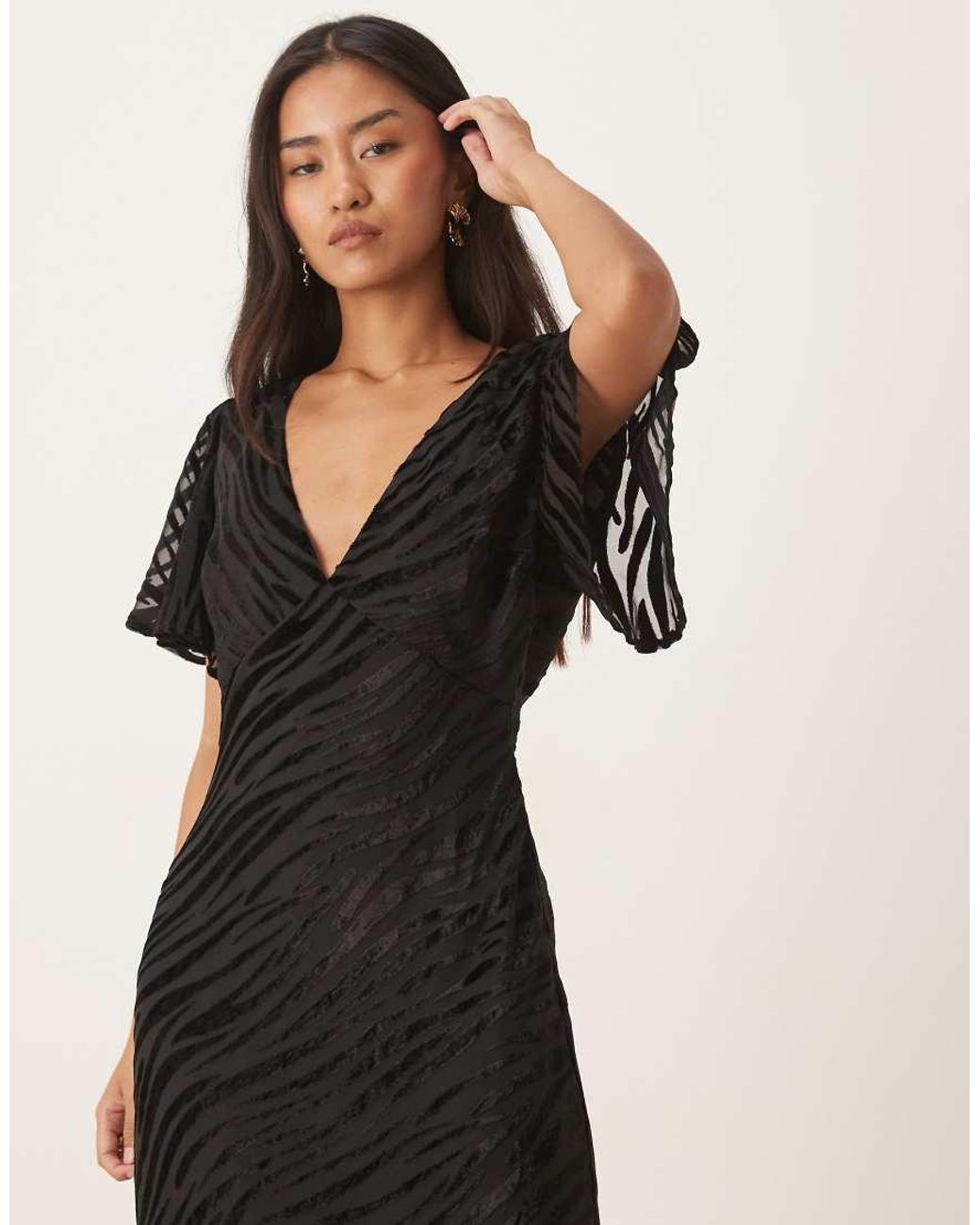 Six Stories Black Flutter Sleeve V-neck Asymmetric Dropped Hem Maxi Dress