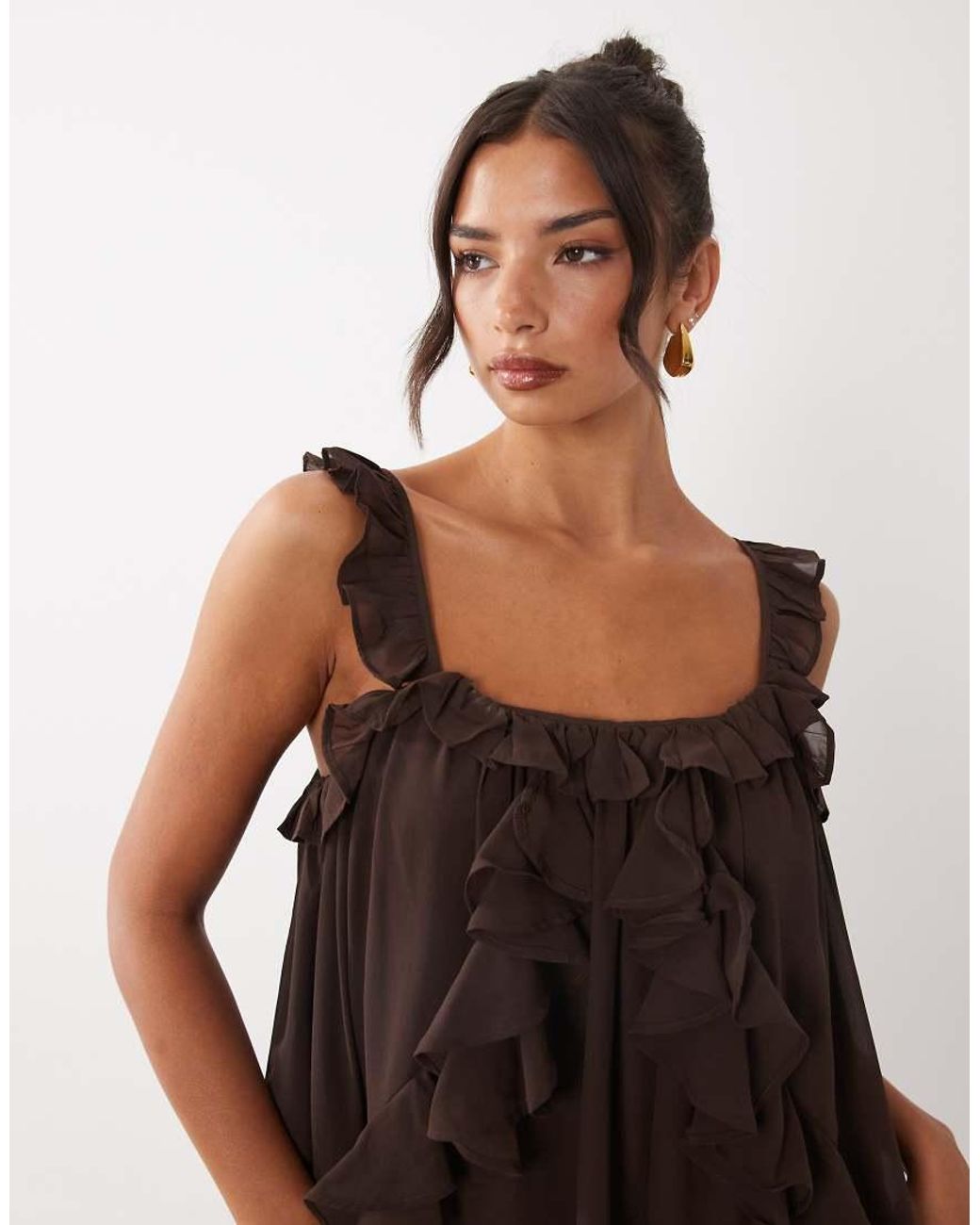 Y.A.S Natural Chiffon Ruffle Trim Cami Mini Dress