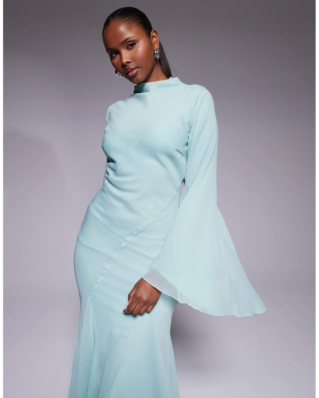 ASOS Long Sleeve High Neck Maxi Dress With Ruffle Godets And Flute Sleeves in Blue