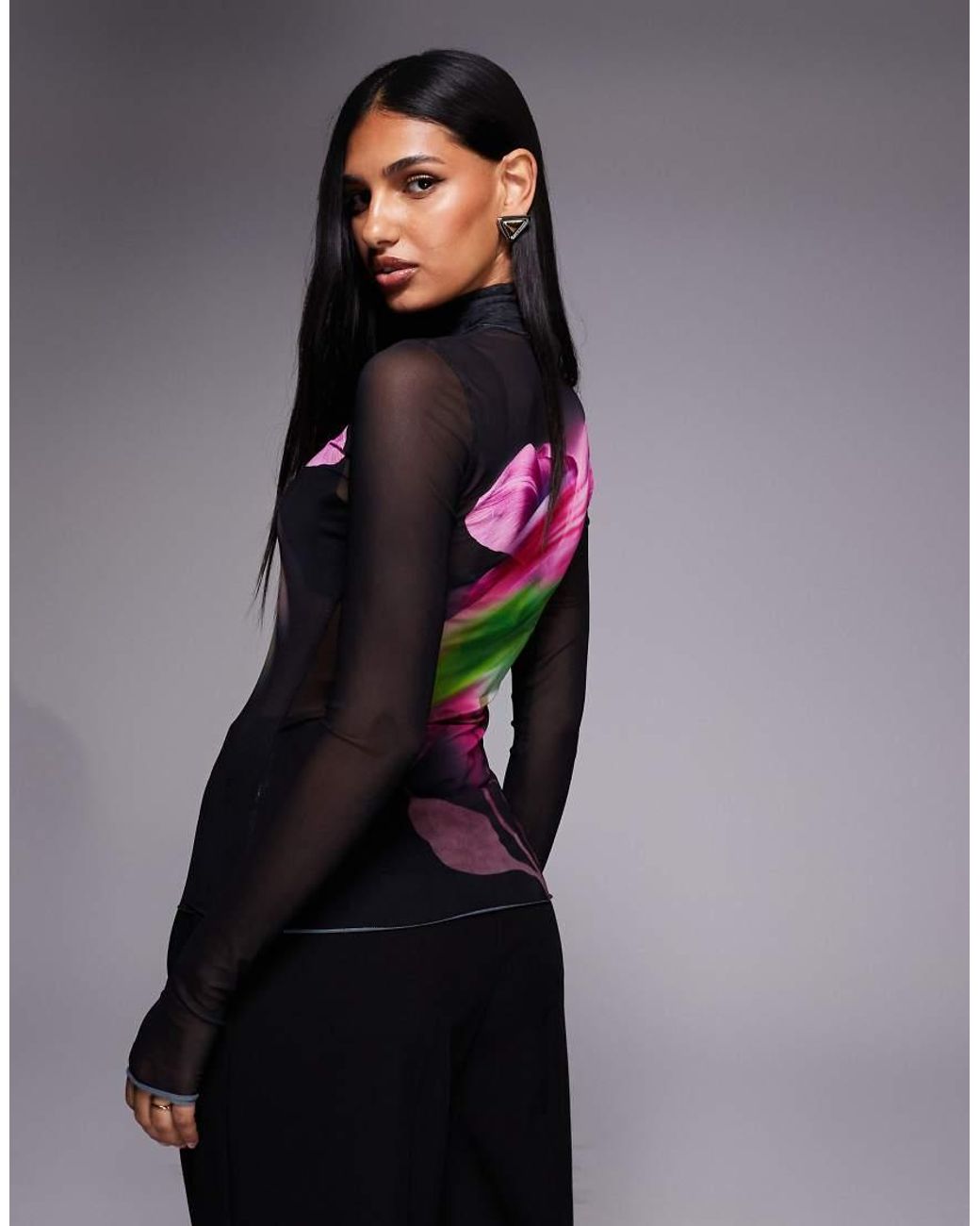 AFRM Black Zadie Long Sleeve Mesh Turtleneck Top