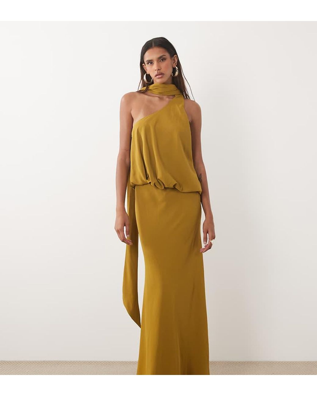 ASOS Metallic Asos Design Tall One Shoulder With Tie Neck Maxi Dress