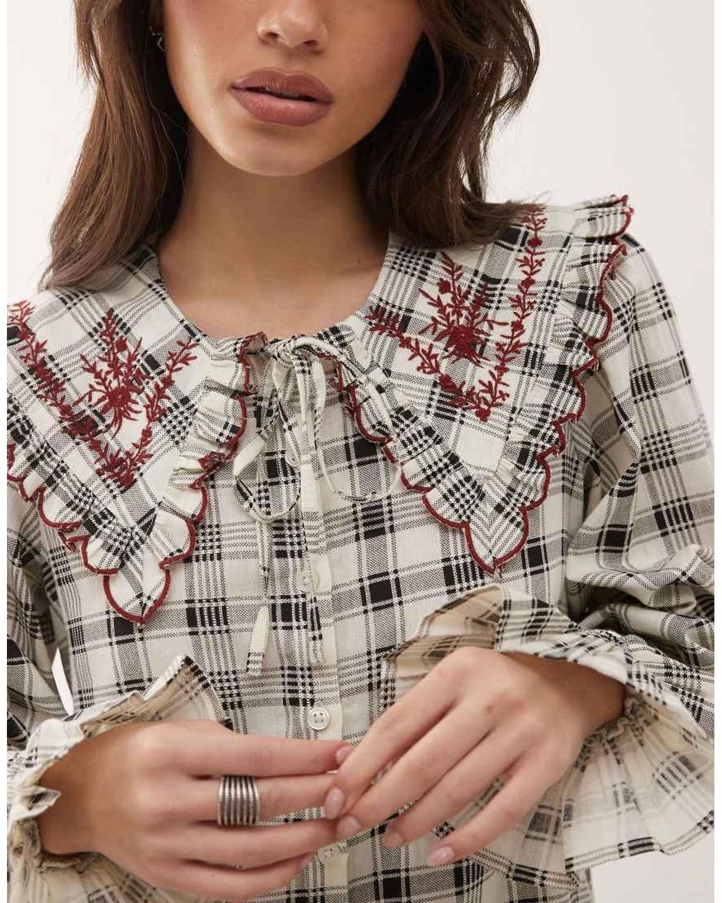 Reclaimed (vintage) Natural Mini Shirt Dress With Oversized Collar And Embroidery