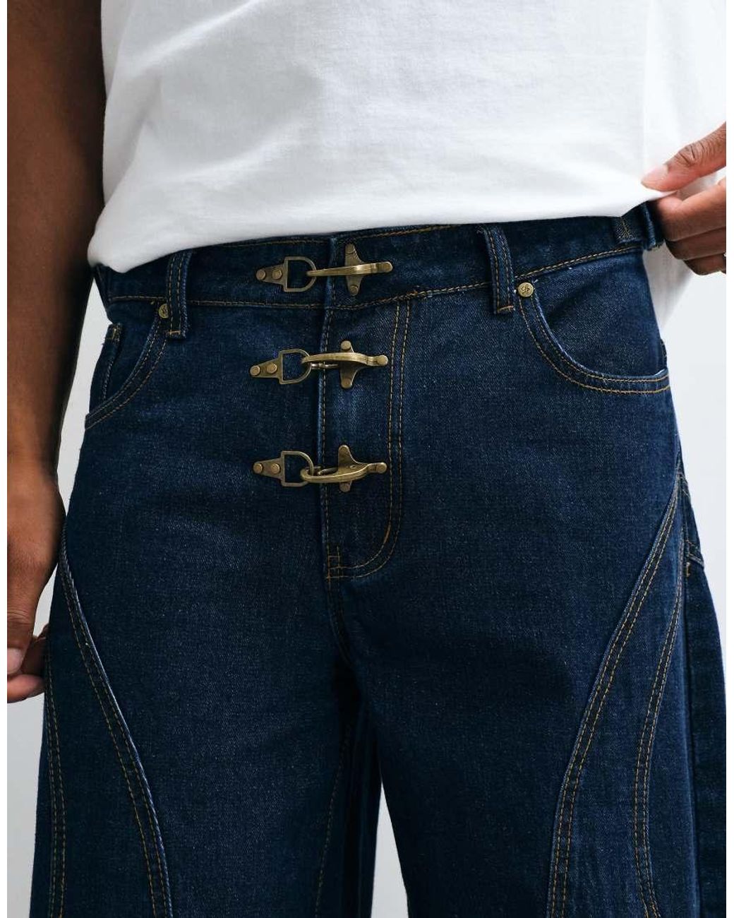 Liquor N Poker White Relaxed Baggy Seam Detail Fireman Clasp Jeans for men