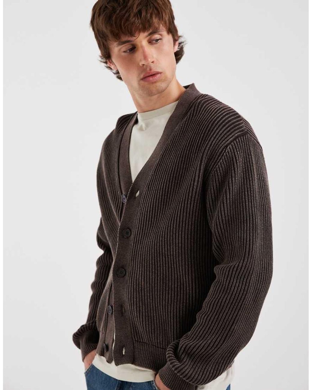 Redefined Rebel Black Boxy Oversized Washed Knitted Cardigan for men