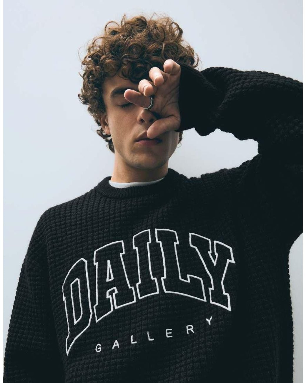 Bershka Blue Embroidered Waffle-Knit Jumper for men