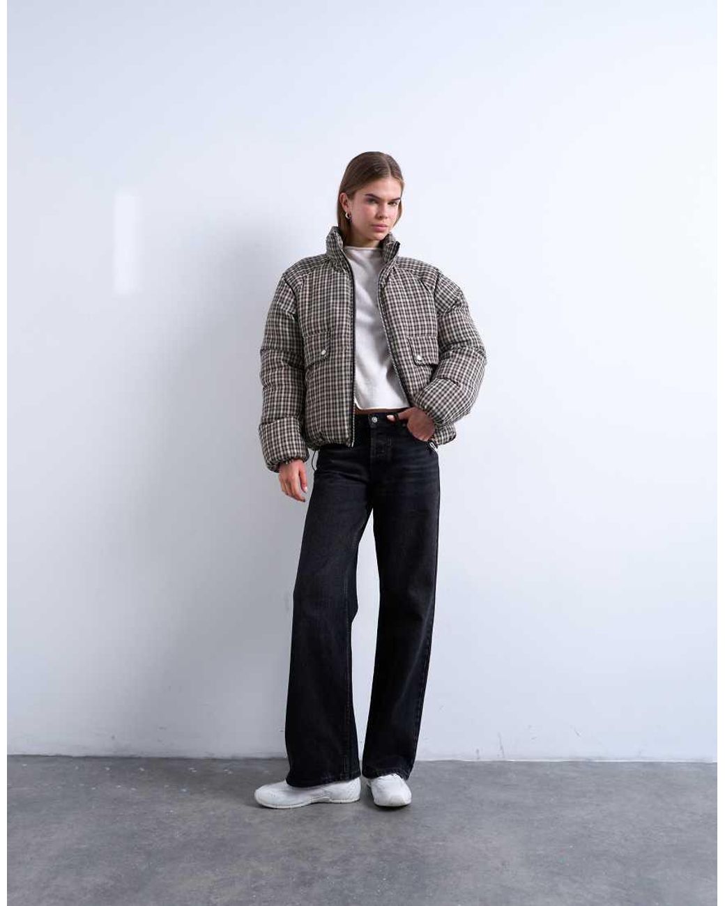 TOPSHOP Gray Micro Check Funnel Neck Puffer Jacket
