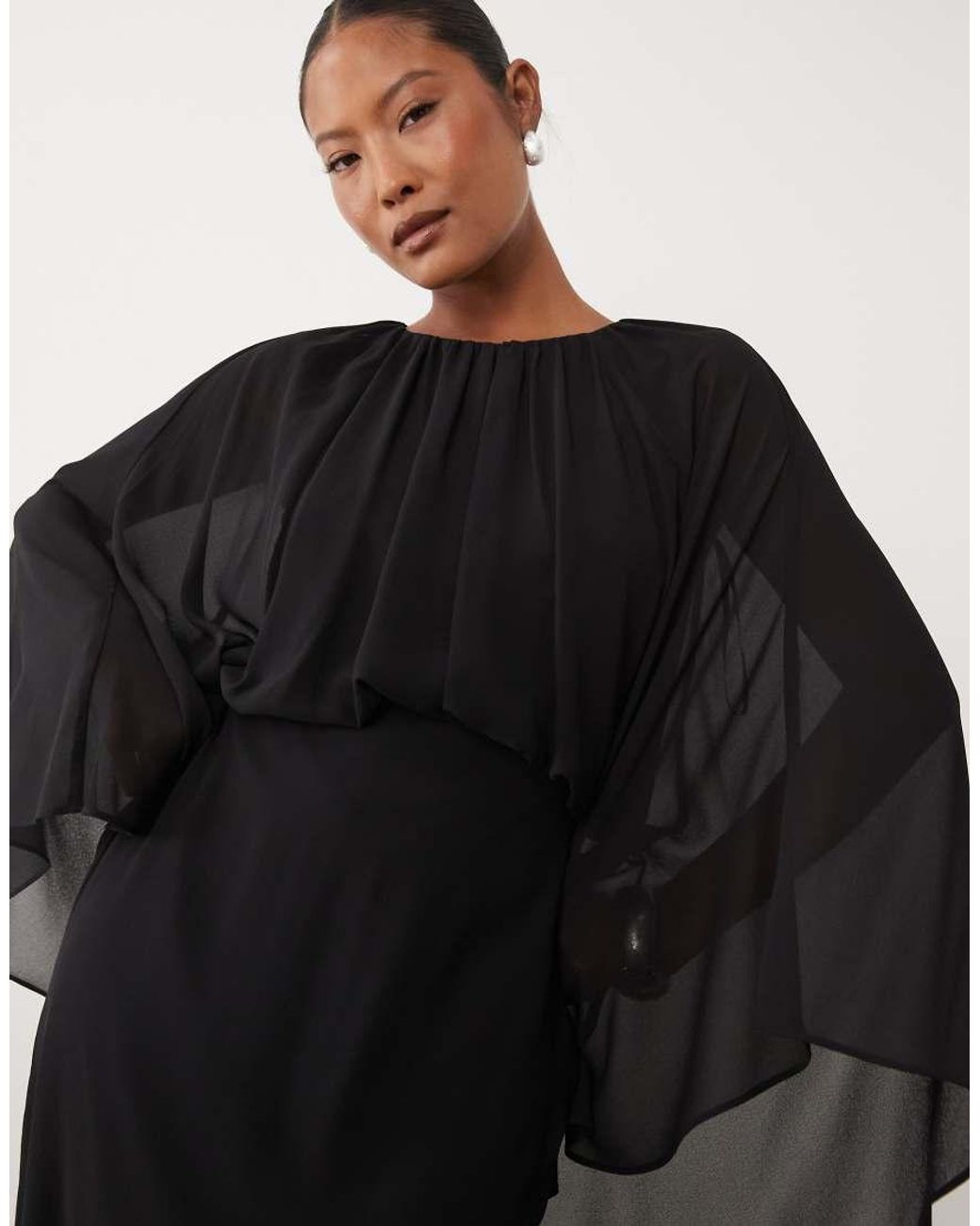 TFNC London Black Chiffon Cape Detail Long Sleeve Maxi Dress