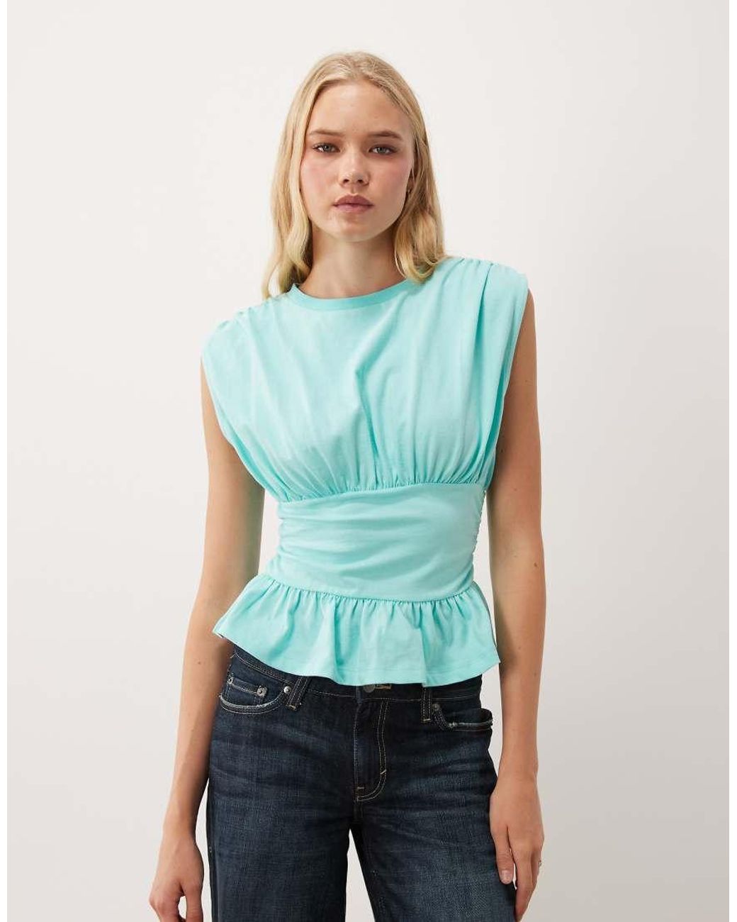Miss Selfridge Blue Gathered Shoulder Peplum Hem Top With Waistband