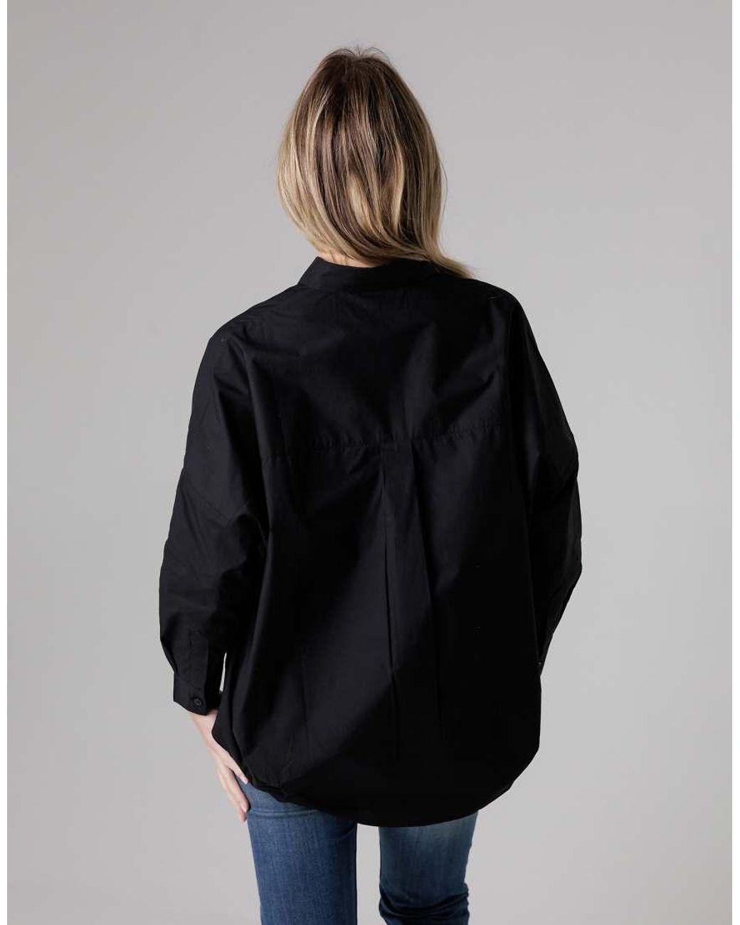 French Connection Black Cotton Long Sleeve Poplin Popover High-Low Hem Shirt