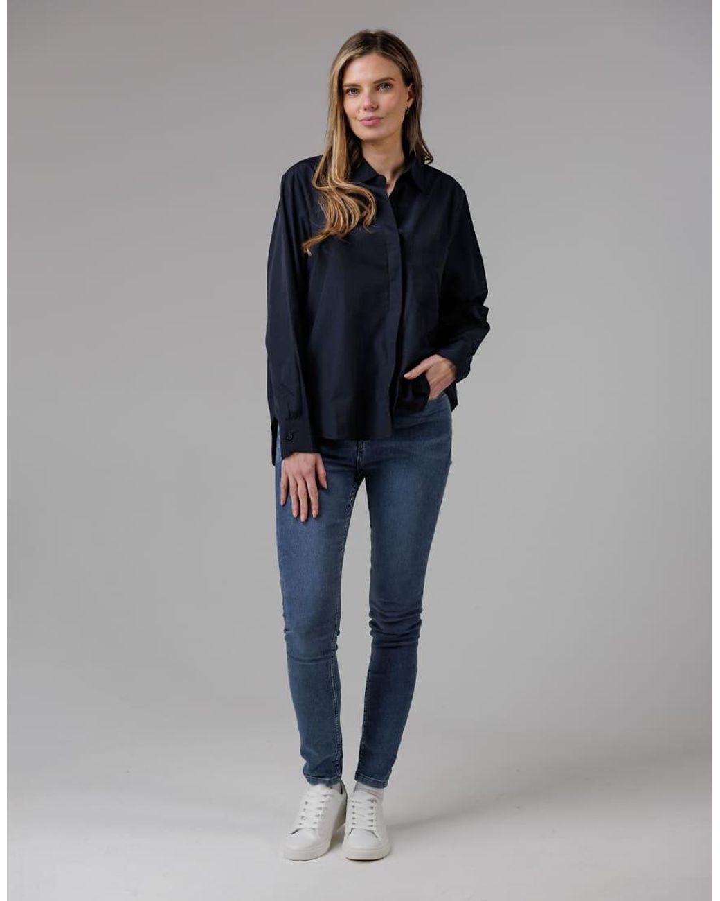 French Connection Blue Cotton Long Sleeve Chest Pocket Poplin Popover High-Low Hem Shirt