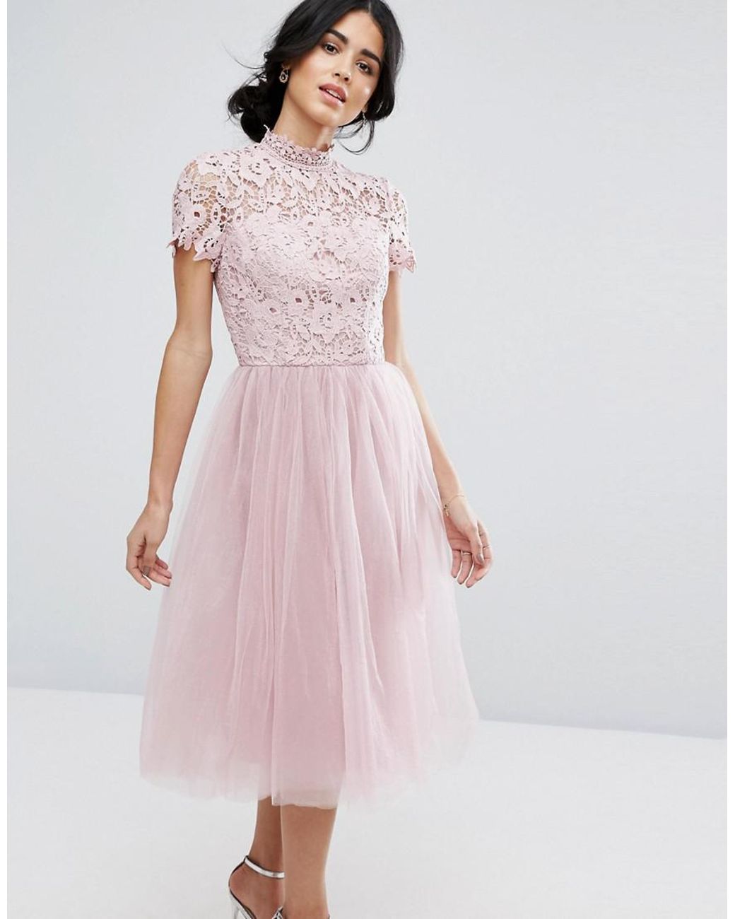 Chi Chi London High Neck Lace Midi Dress With Tulle Skirt in Pink ...