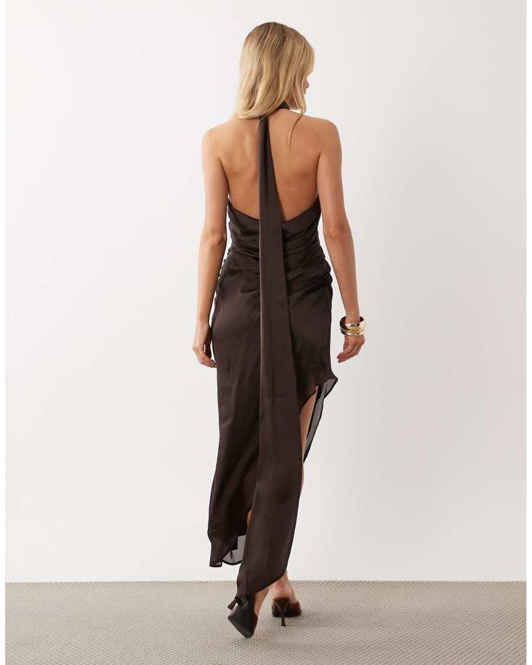 ASOS Natural Halter Neck Scarf Detail Asymmetric Satin Midaxi Dress