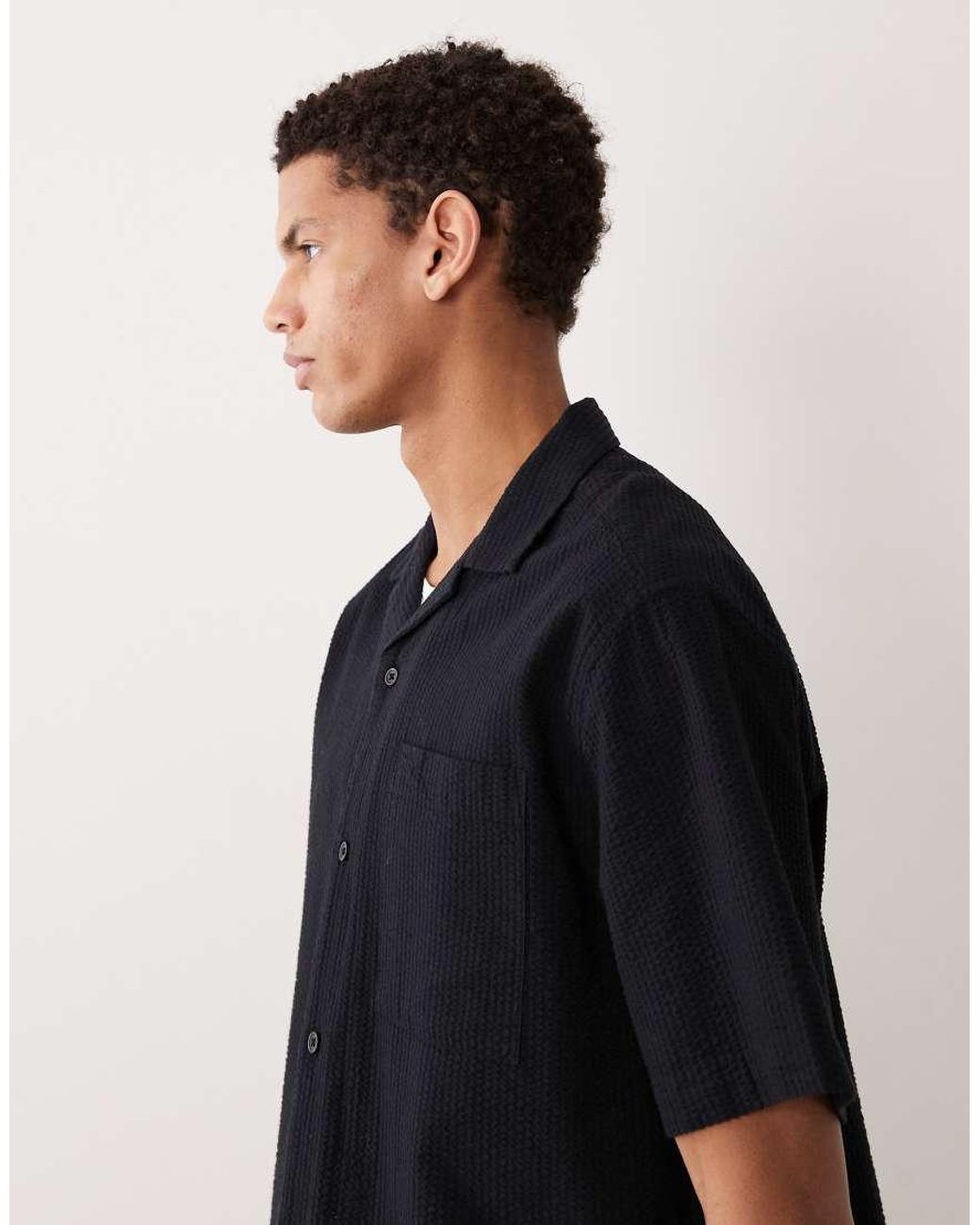 ASOS Black Relaxed Revere Seersucker Shirt for men
