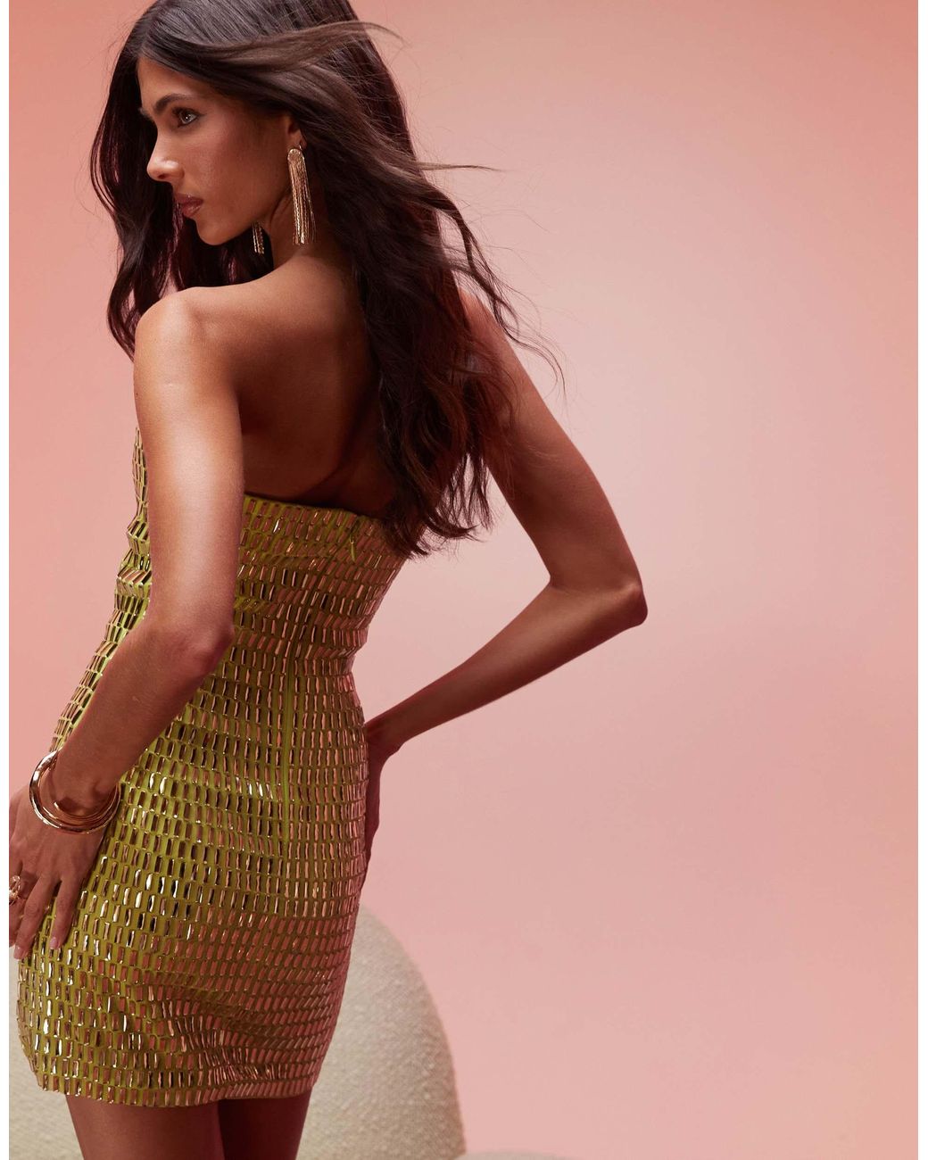 green emerald velvet dress Embellished Bandeau A-Line Mini Dress in Gold