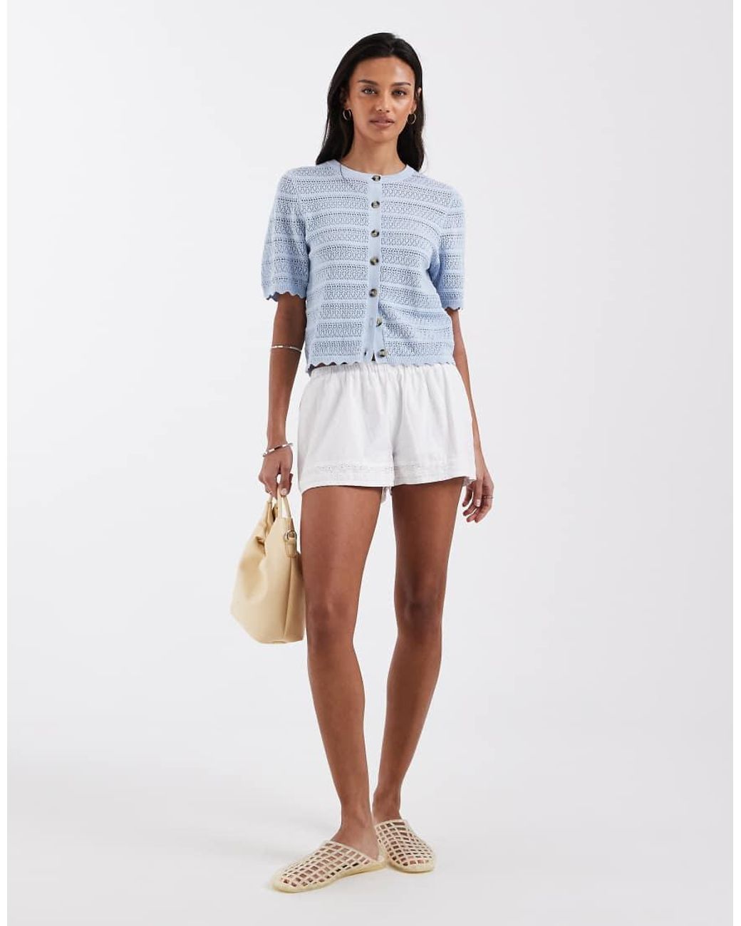 Brave Soul Blue Crochet Knit Short Sleeve Cardigan With Scallop Detail