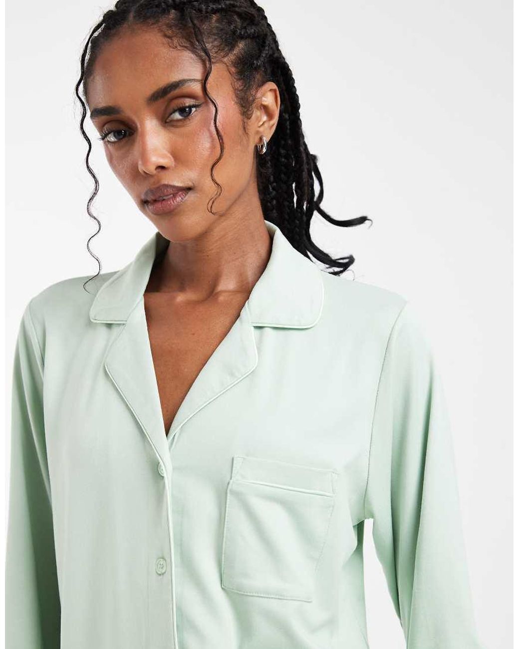 Loungeable Green Super Soft Jersey Revere Top And Wide Leg Pyjama Set