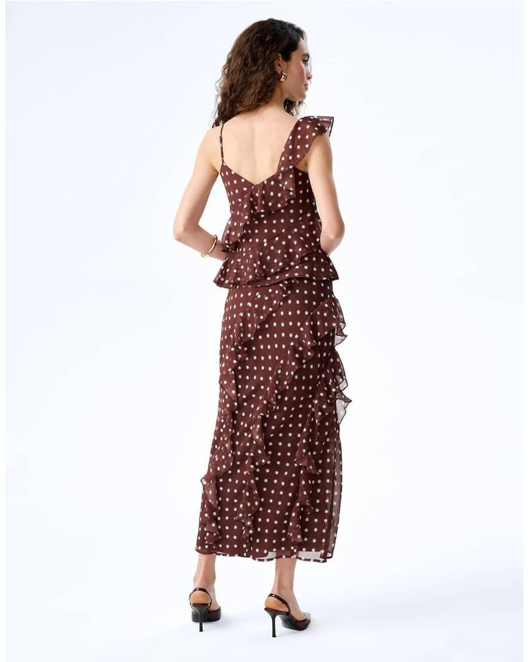 OMNES Red Tops Francie Chiffon Cami Top With Asymmetric Ruffles