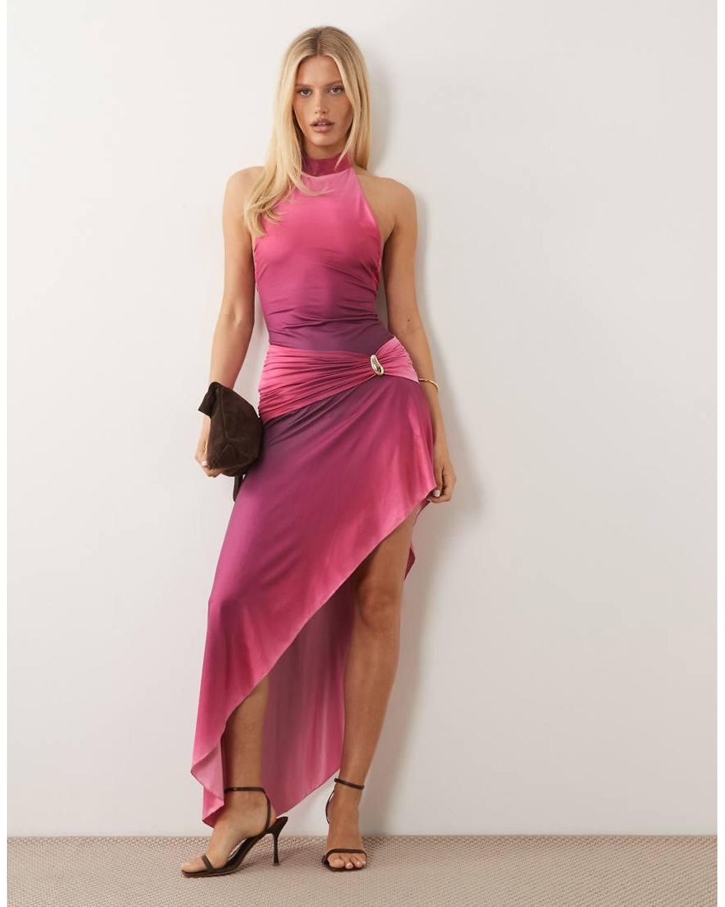 Murci Pink High Neck Gathered Waist Hardware Detail Maxi Dress