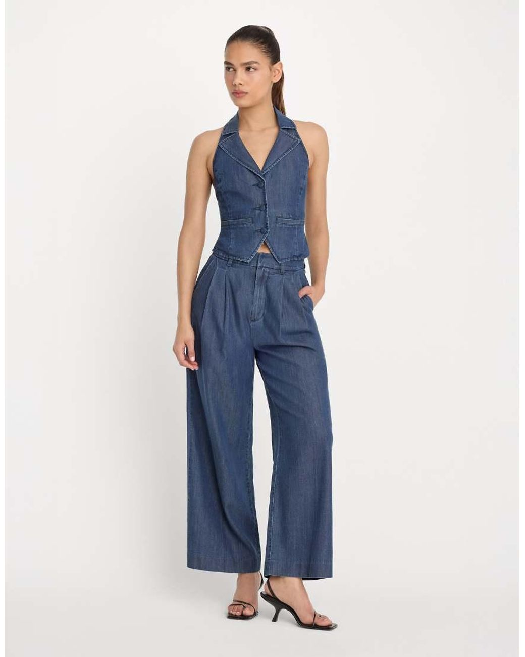 GOOD AMERICAN Blue Denim Luxe Suiting Halter Neck Waistcoat Co-Ord