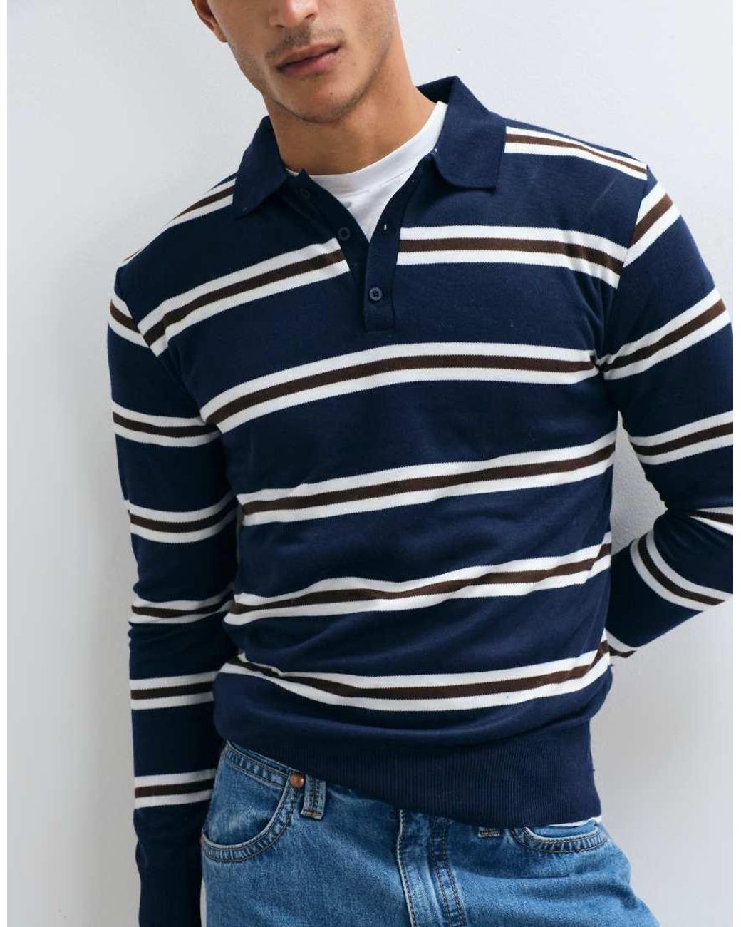 Brave Soul Blue Striped Knitted Polo Sweater for men