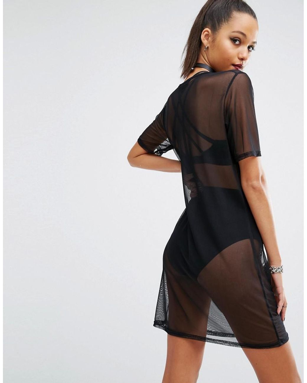 Mesh t top shirt dress black