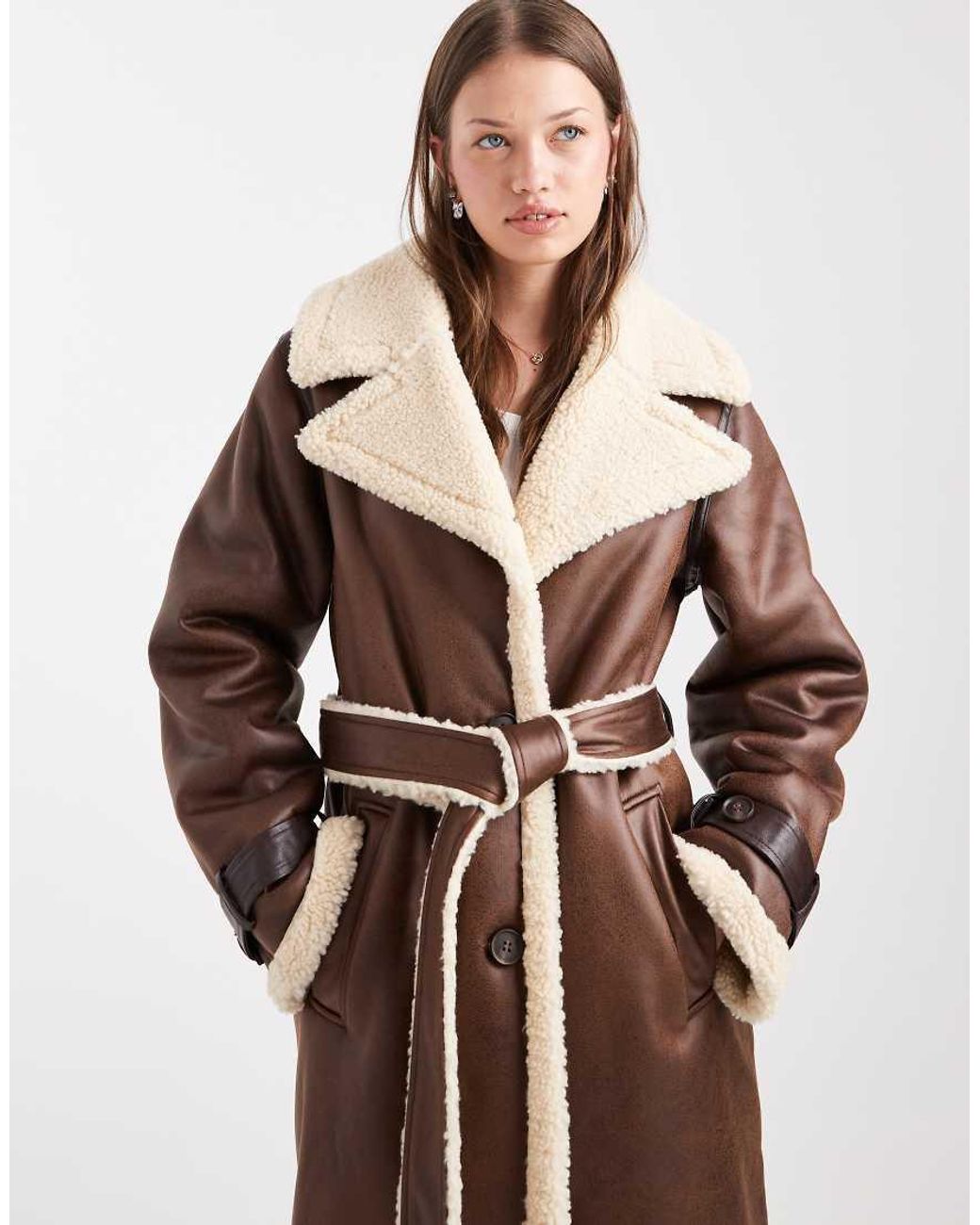 Miss Selfridge Natural Suedette Borg Belted Wrap Coat