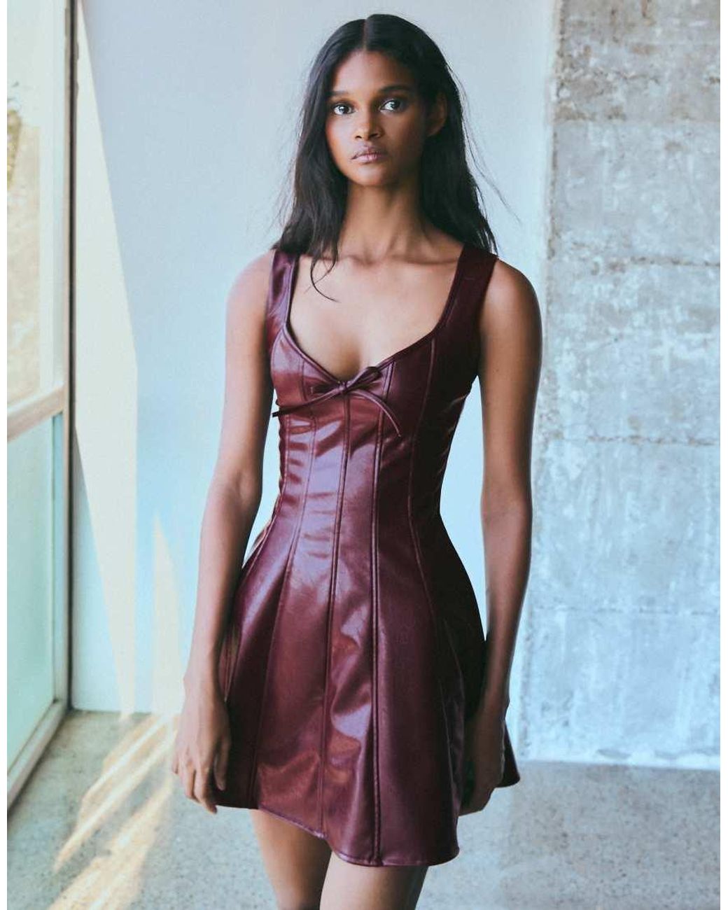 Bershka Blue Leather Effect Strappy Mini Dress With Sweetheart Neckline