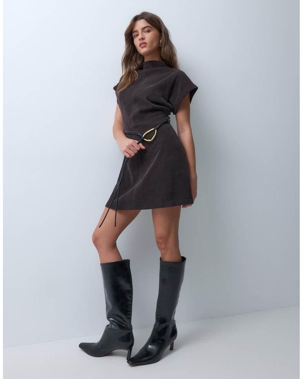 ASOS Black Soft Cord High Neck Belted Mini Dress