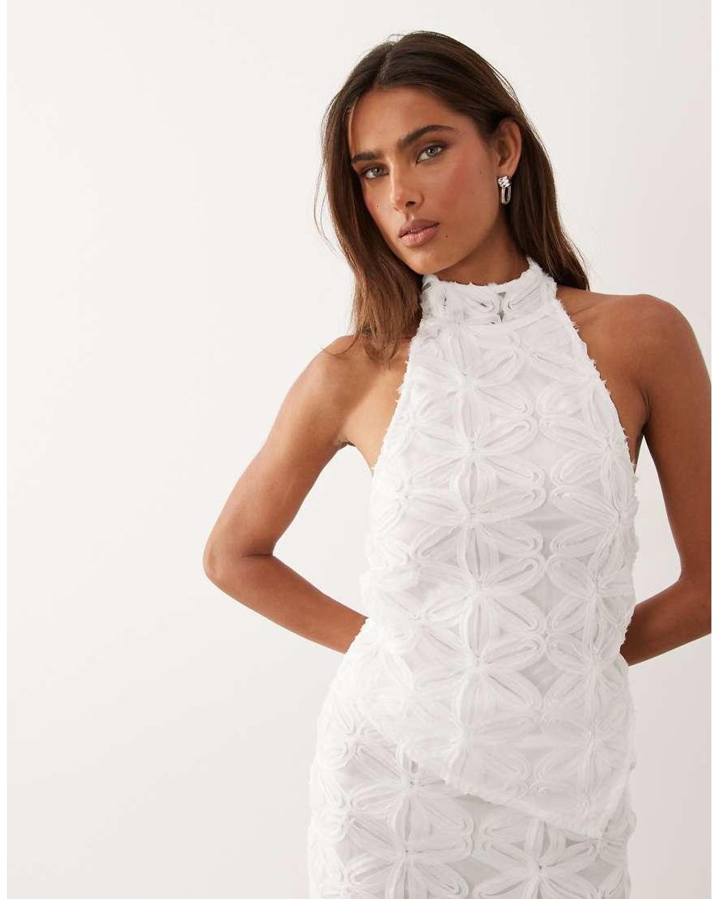 ASOS White Applique Mesh Asymmetric Halter Top