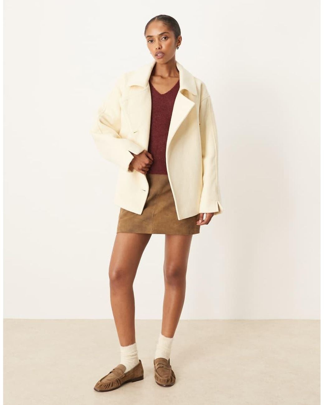 ASOS Natural Wool Blend Short Trench Coat With Low Belt
