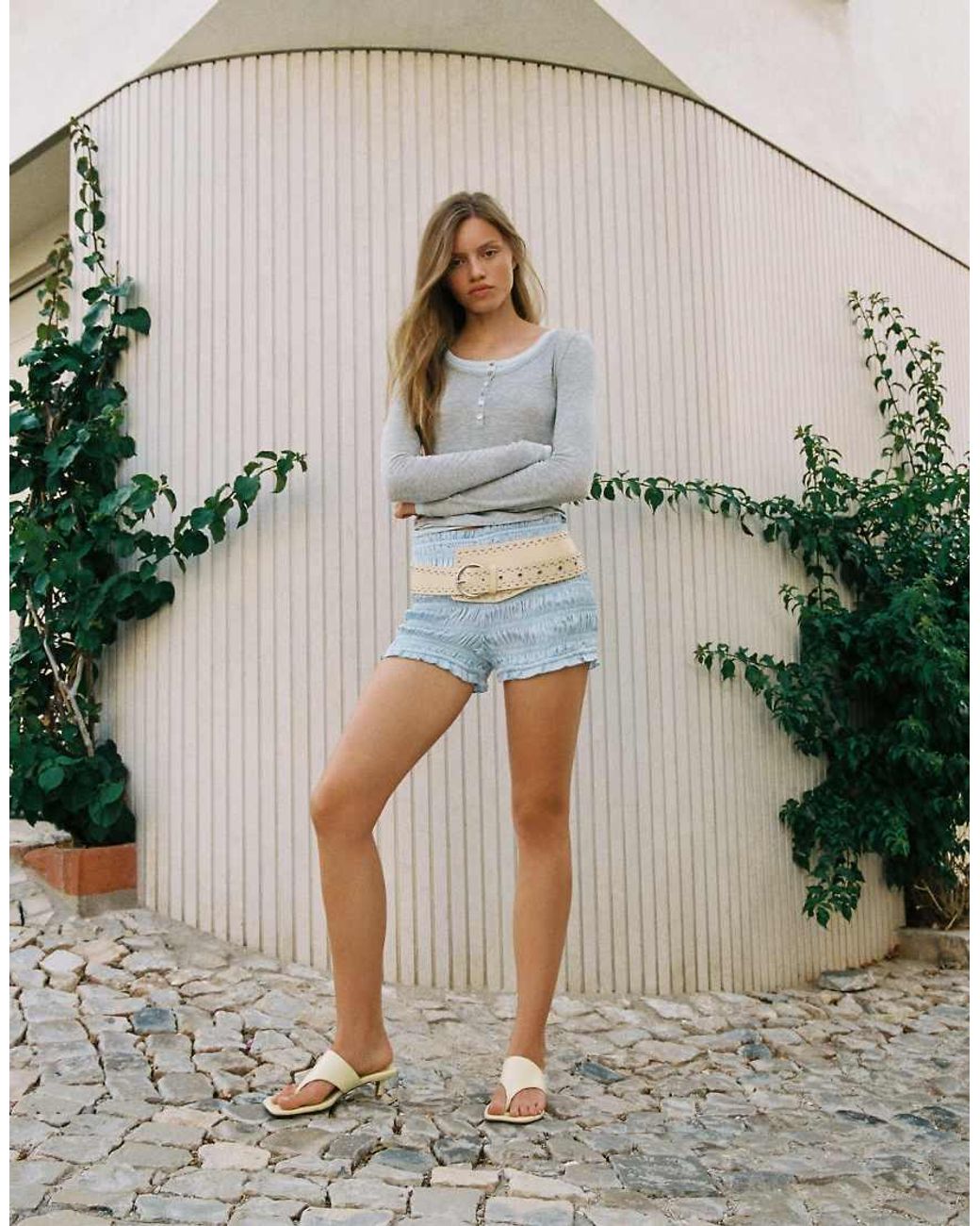 Pull&Bear Gray Buttoned Double-layer T-shirt