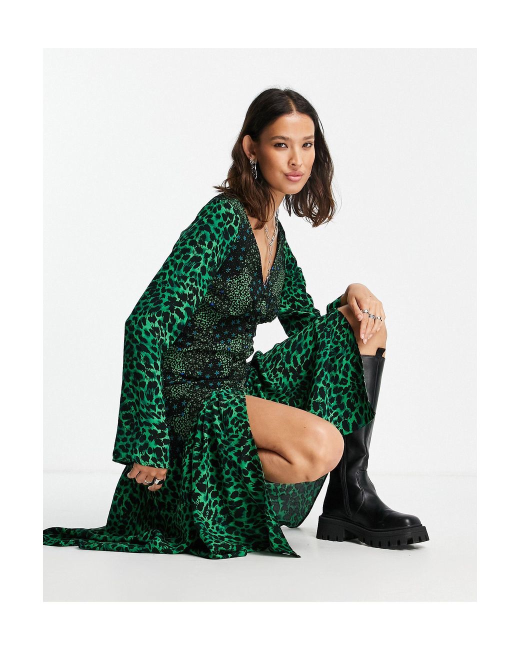 TOPSHOP Mix And Match Star And Leopard Print Button Front Midi Dress in  Green | Lyst