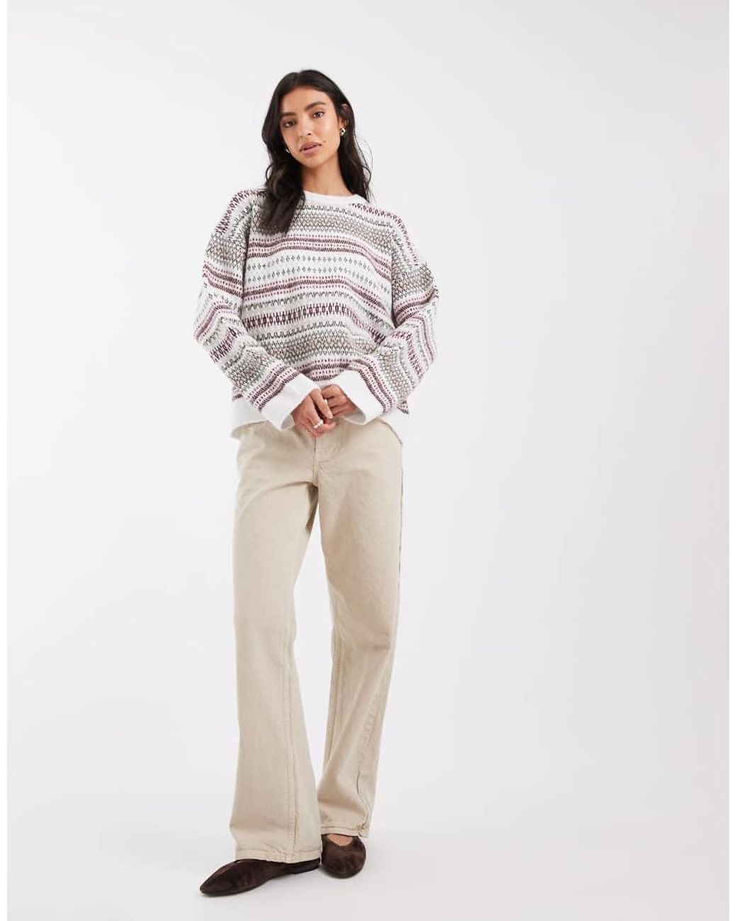 ASOS Gray Knitted Jacquard Striped Long Sleeve Jumper