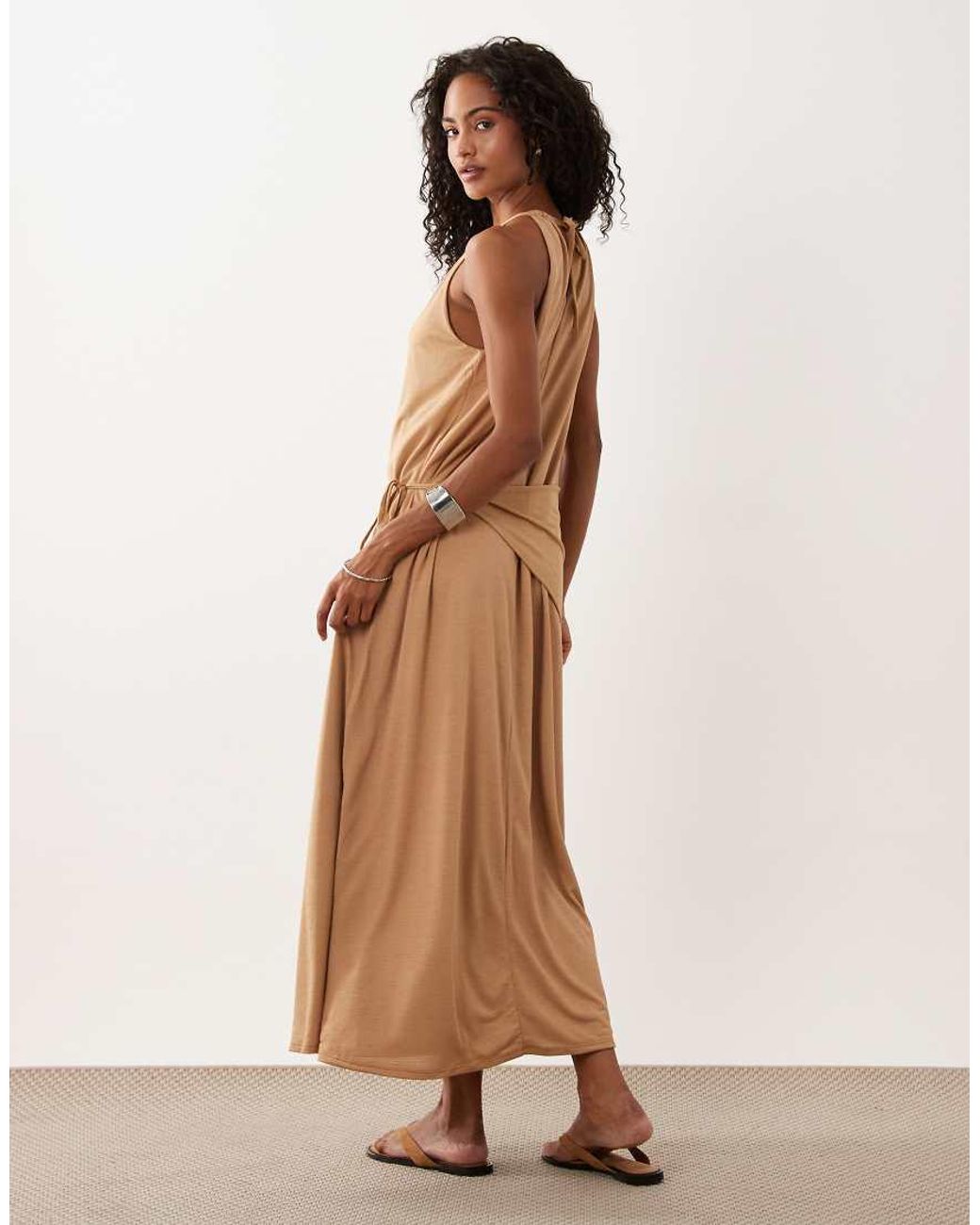 ASOS Natural Textured Jersey Wrap Scarf Detail Maxi Dress
