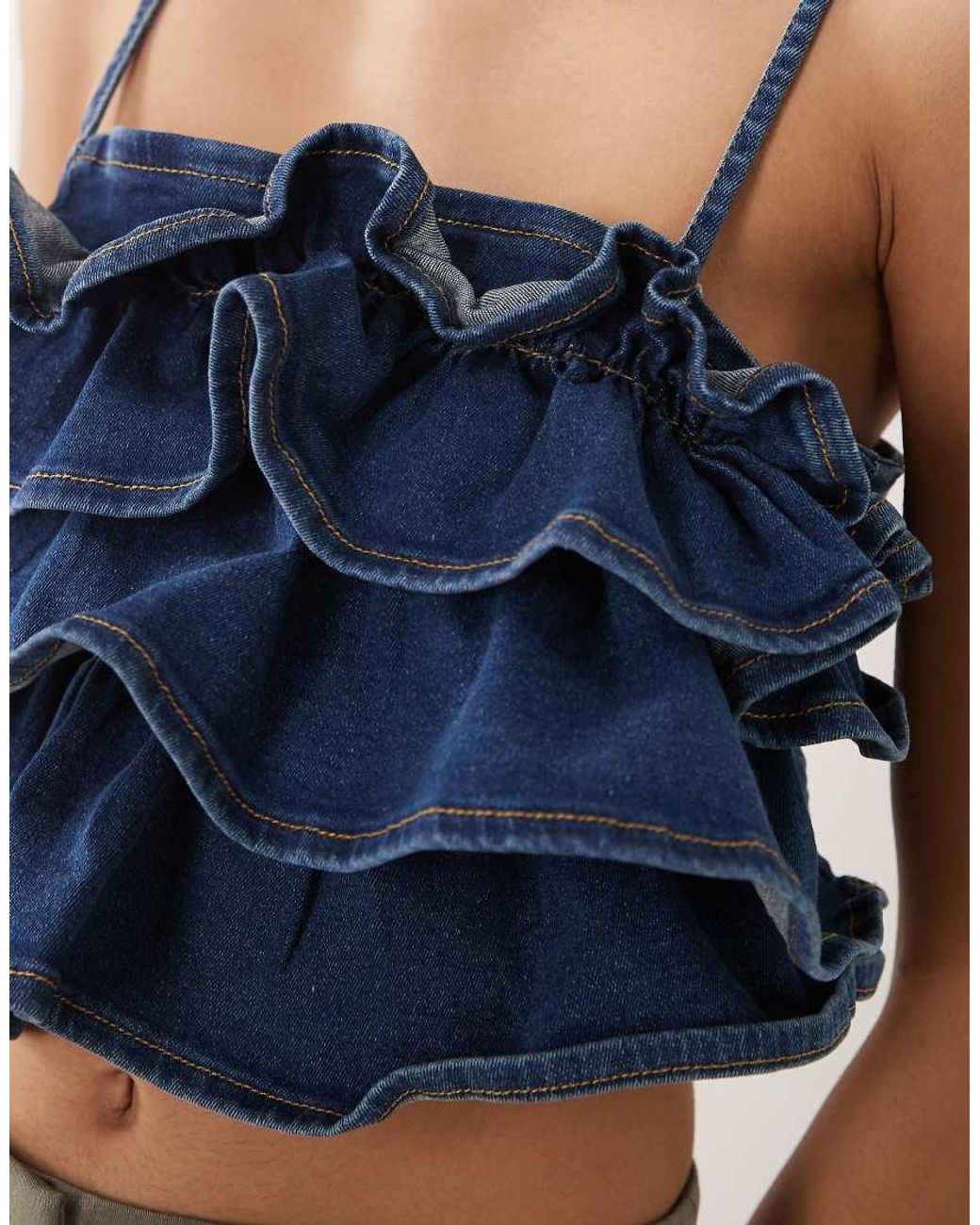 ASOS Asos Desing Denim Ruffle Bandeau Top Co-ord in Blue | Lyst UK